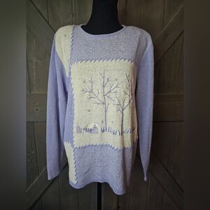 TanJay Winter Scene Embroidered Patchwork Pullover Sweater Medium